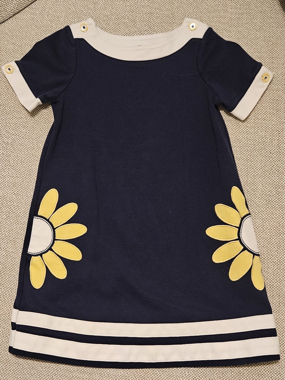 Navy Daisy A-Line Kids Dress - Yellow Accent
